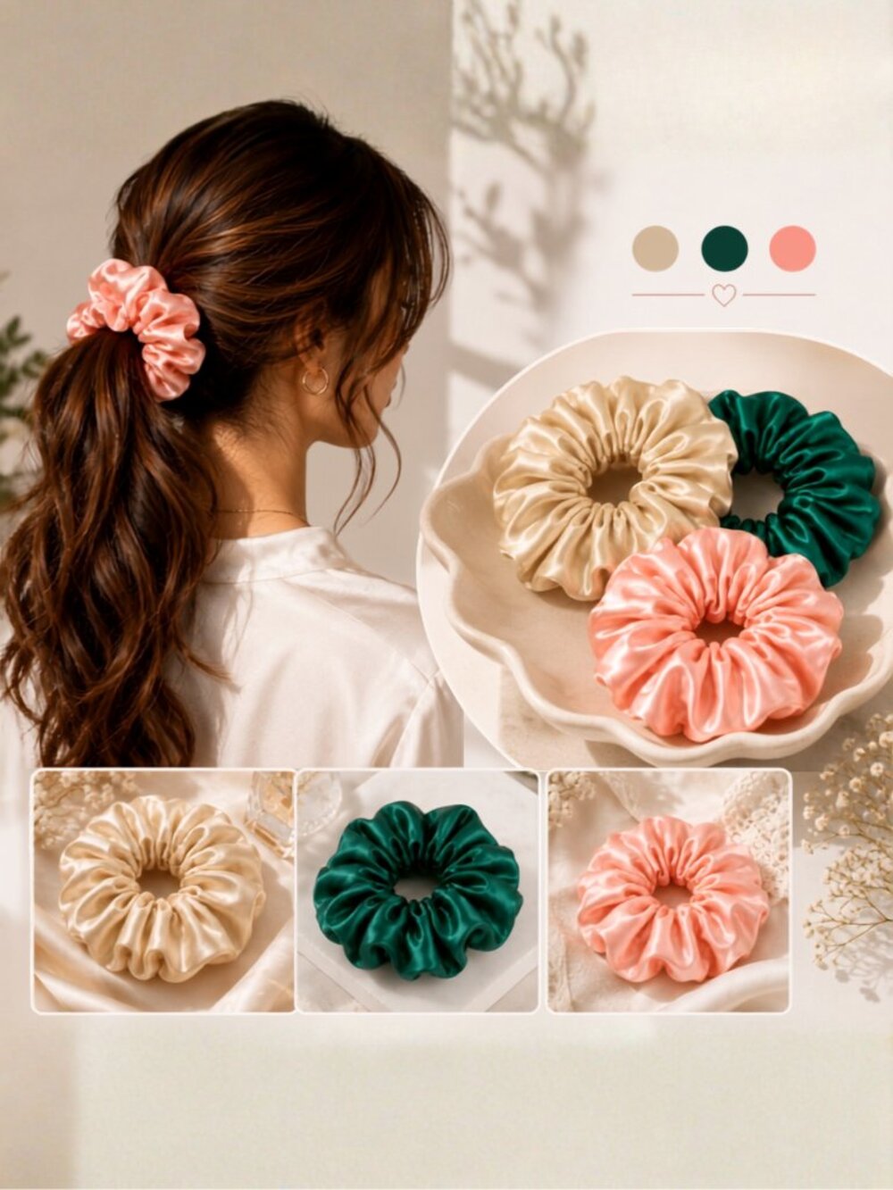 3 Pack Satin Scrunchies for Women – Soft Silk Hair Ties, No-Crease Ponytail Hold